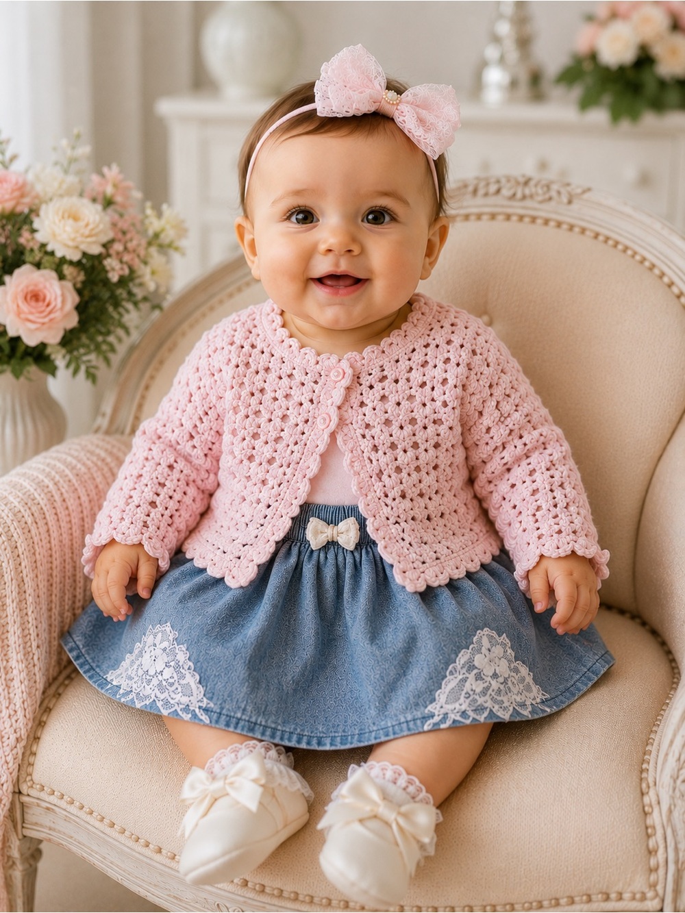 Handmade Pink Crochet Cardigan + Calvin Klein Chambray Skirt Set (6–9M)